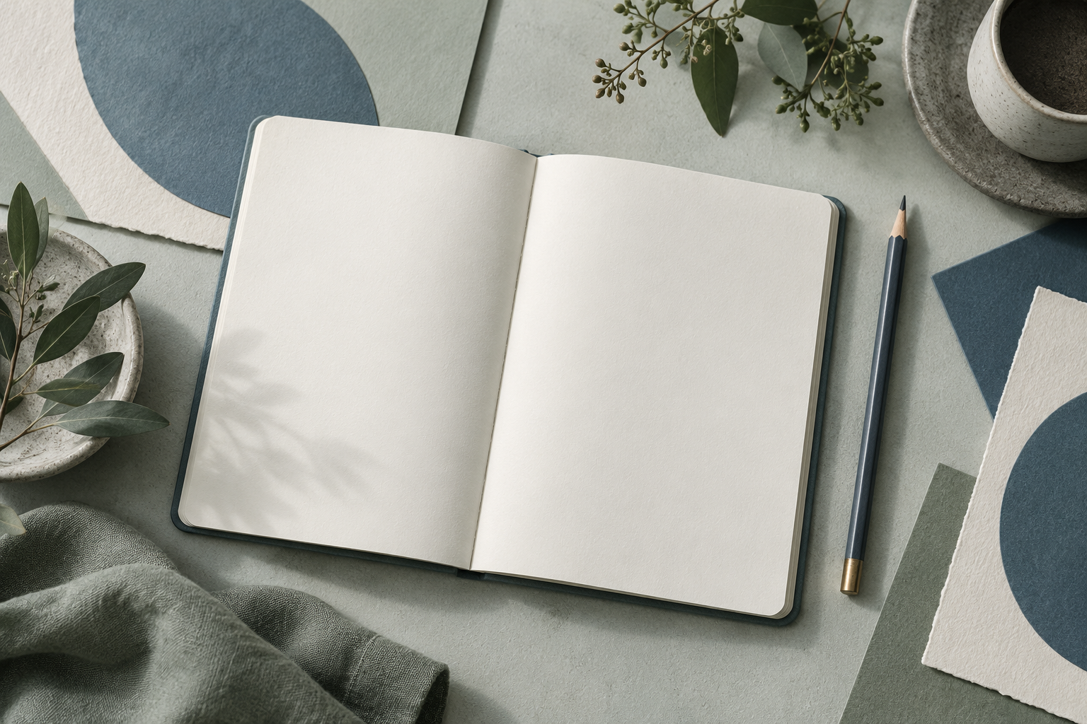 open blank notebook, graphite pencil and abstract paper shapes, sage and slate blue, tasteful overhead stationery photo, no writing